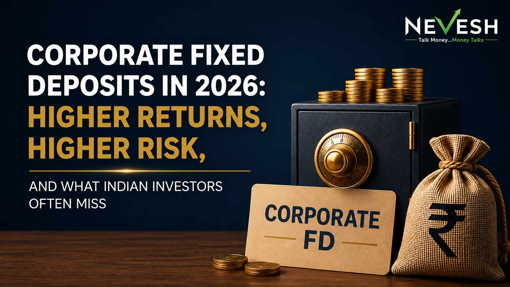 Professional blog banner about Corporate Fixed Deposits in 2026 featuring bold white and gold typography on a dark blue background, alongside a secure vault, stacked gold coins, a rupee money bag, and a small Nevesh logo in the top-right corner symbolizing higher returns and investment risk.