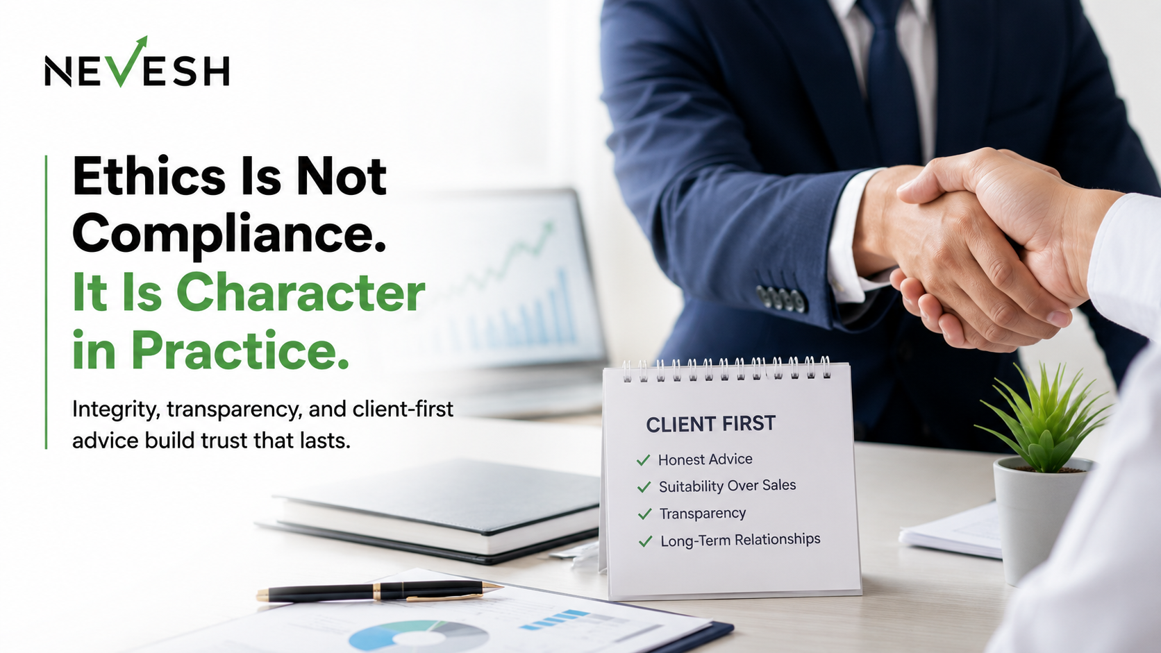 Professional finance advisory banner highlighting ethics, transparency, trust, and client-first mutual fund distribution practices.