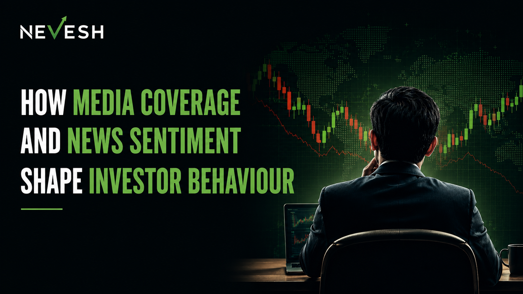 Investor analysing stock market charts with financial news sentiment influencing market behaviour and investment decisions.