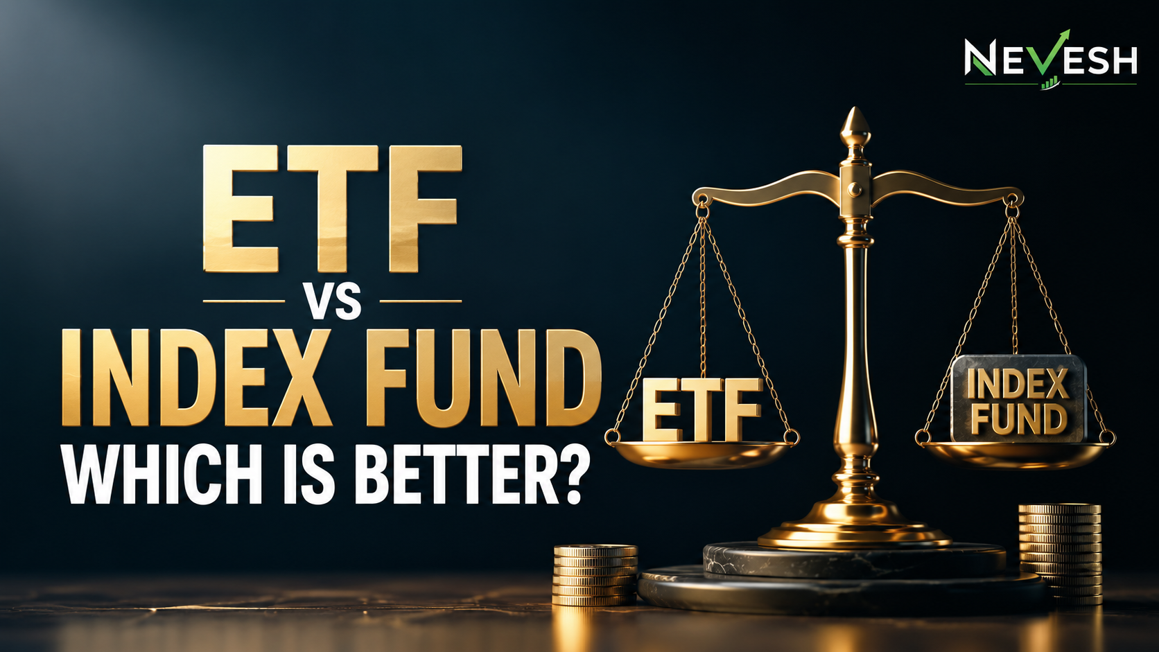 Premium financial illustration comparing ETF and Index Fund using a balanced scale with gold coins, representing investment choices and passive investing for Indian investors.