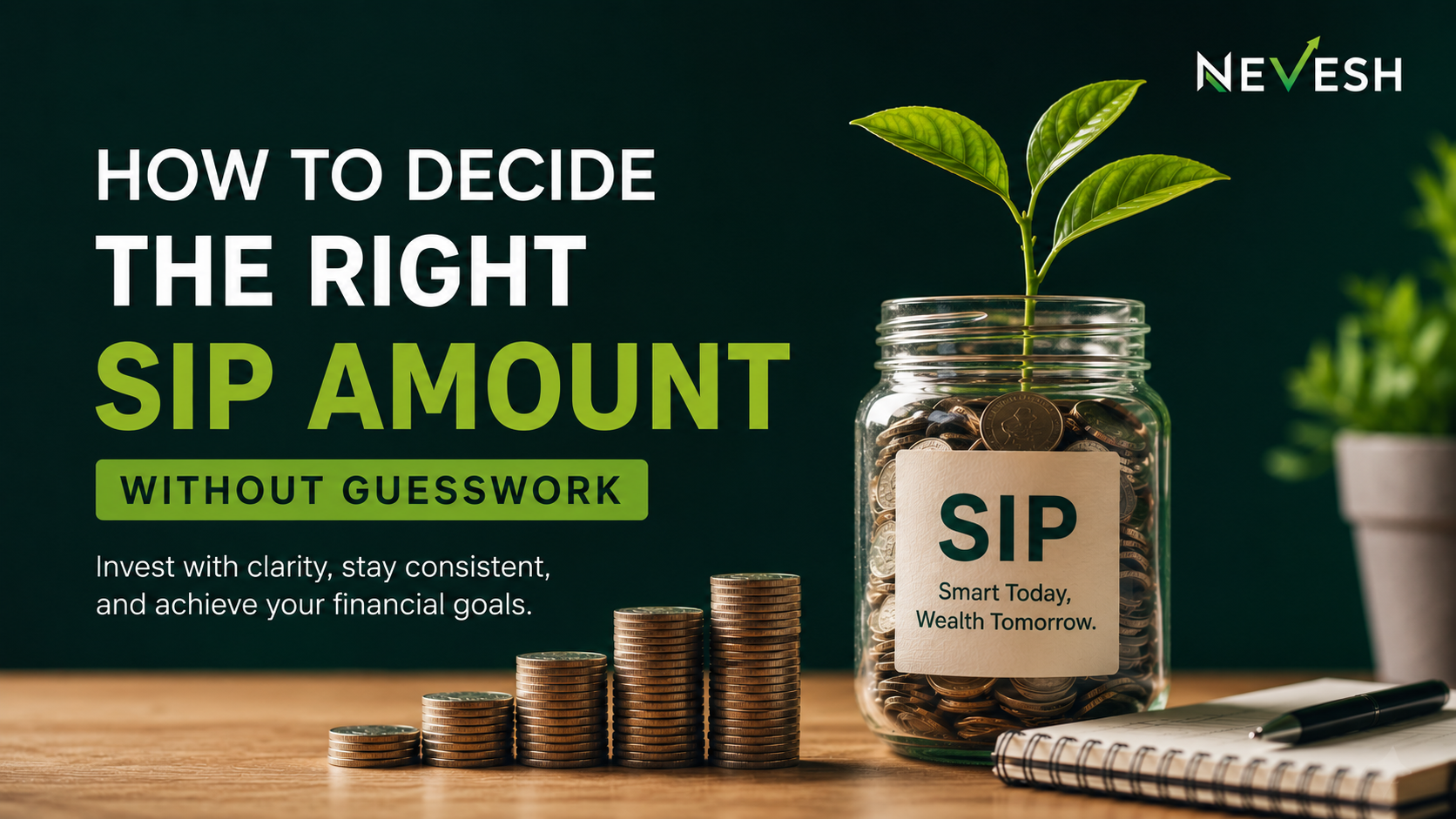 Professional SIP investment blog banner with Nevesh logo, growing plant in coin jar, and headline “How to Decide the Right SIP Amount Without Guesswork” on a dark green background.