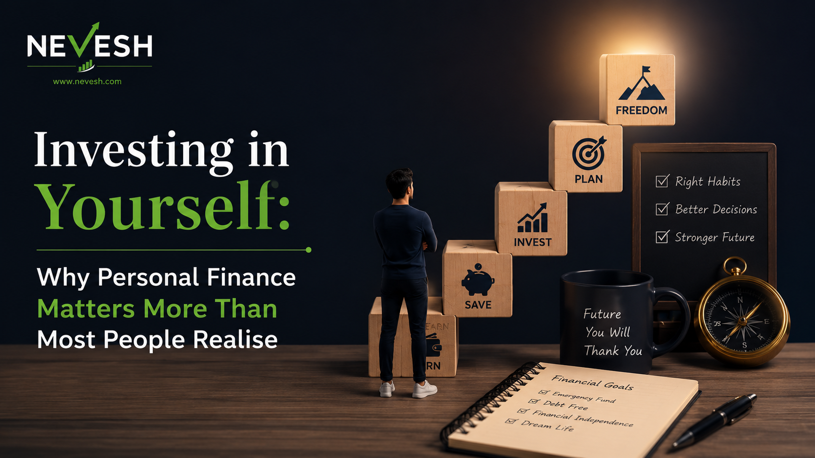 Modern Nevesh blog banner featuring the topic ‘Investing in Yourself: Why Personal Finance Matters More Than Most People Realise’ with a dark premium background, financial growth blocks, goal icons, and a professional wealth-building theme.