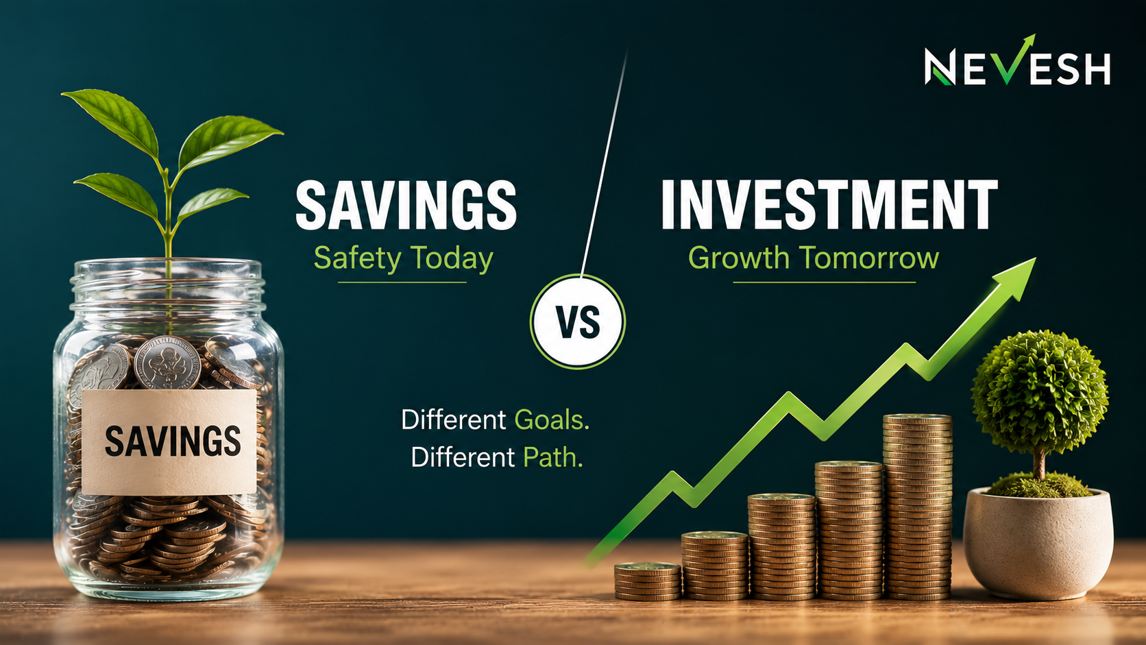 Classy financial illustration comparing savings and investment, featuring a coin jar with a growing plant, rising stacked coins with an upward growth arrow, dark premium background, and Nevesh logo placed subtly in the top-right corner.