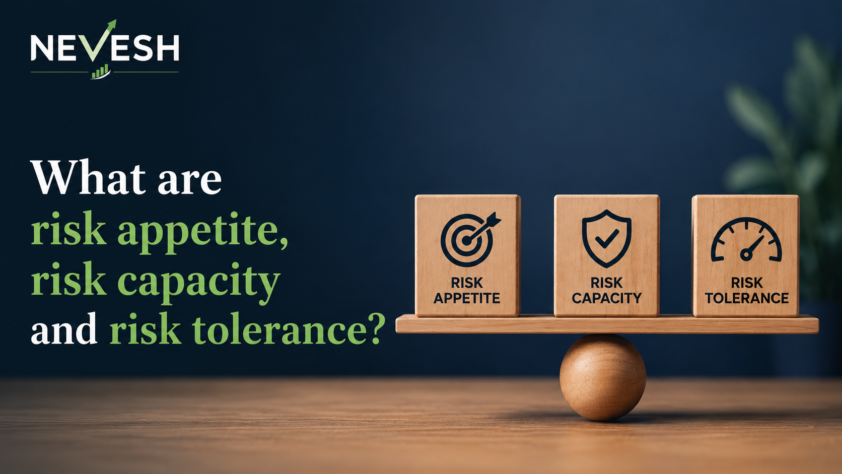 Minimal Nevesh finance blog banner explaining risk appetite, risk capacity, and risk tolerance with balanced wooden blocks and a professional dark blue background.