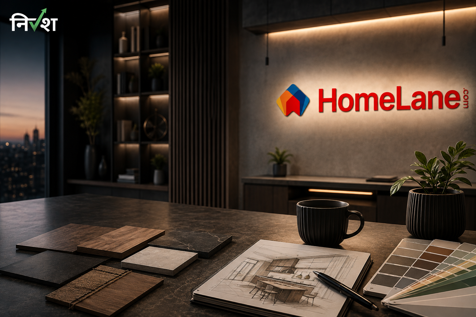 HomeLane branded interior design workspace with material samples, design sketch and Nevesh logo representing organised home interiors in India.