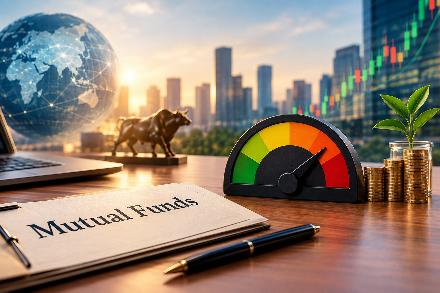 Mutual funds folder beside a market riskometer, rising investment chart, stacked coins and global market symbols